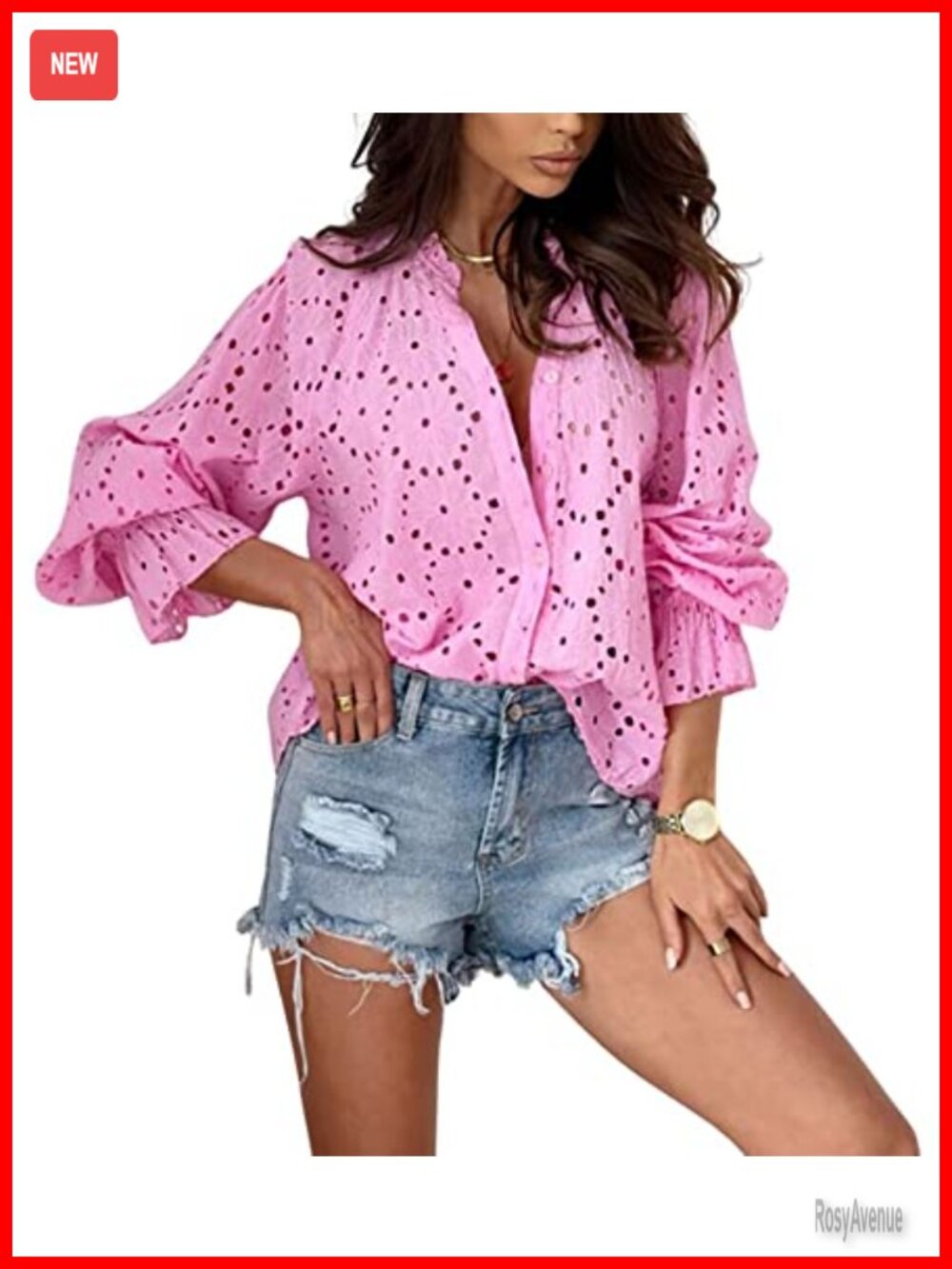 Boho Crochet Lantern Sleeve Button Down Lace Eyelet Blouse Top